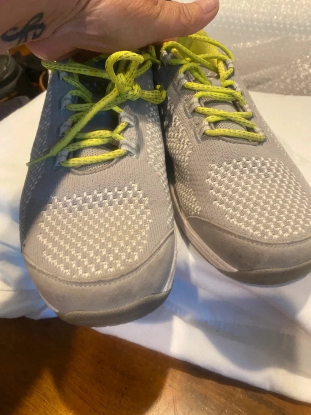 Women’s Gray Knit Athletic Sneakers with Neon Yellow Accents
